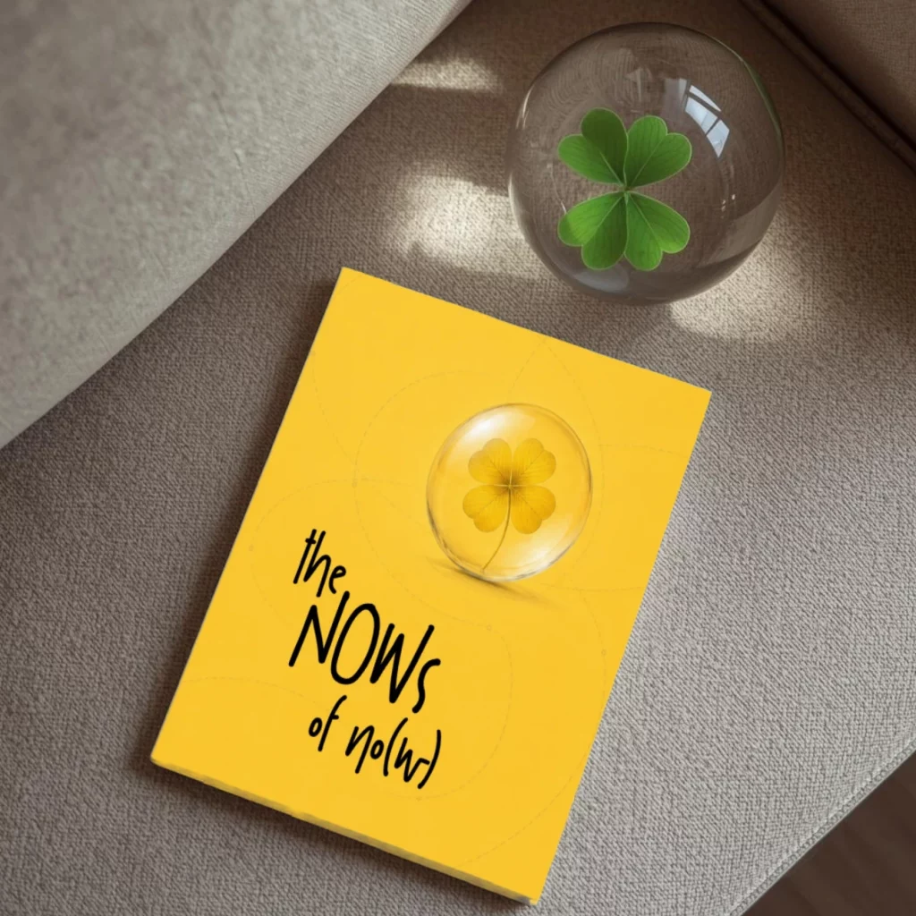 The Nows of No(w) book by Pa3, relaxing on the sofa, besides her signature clover sphere